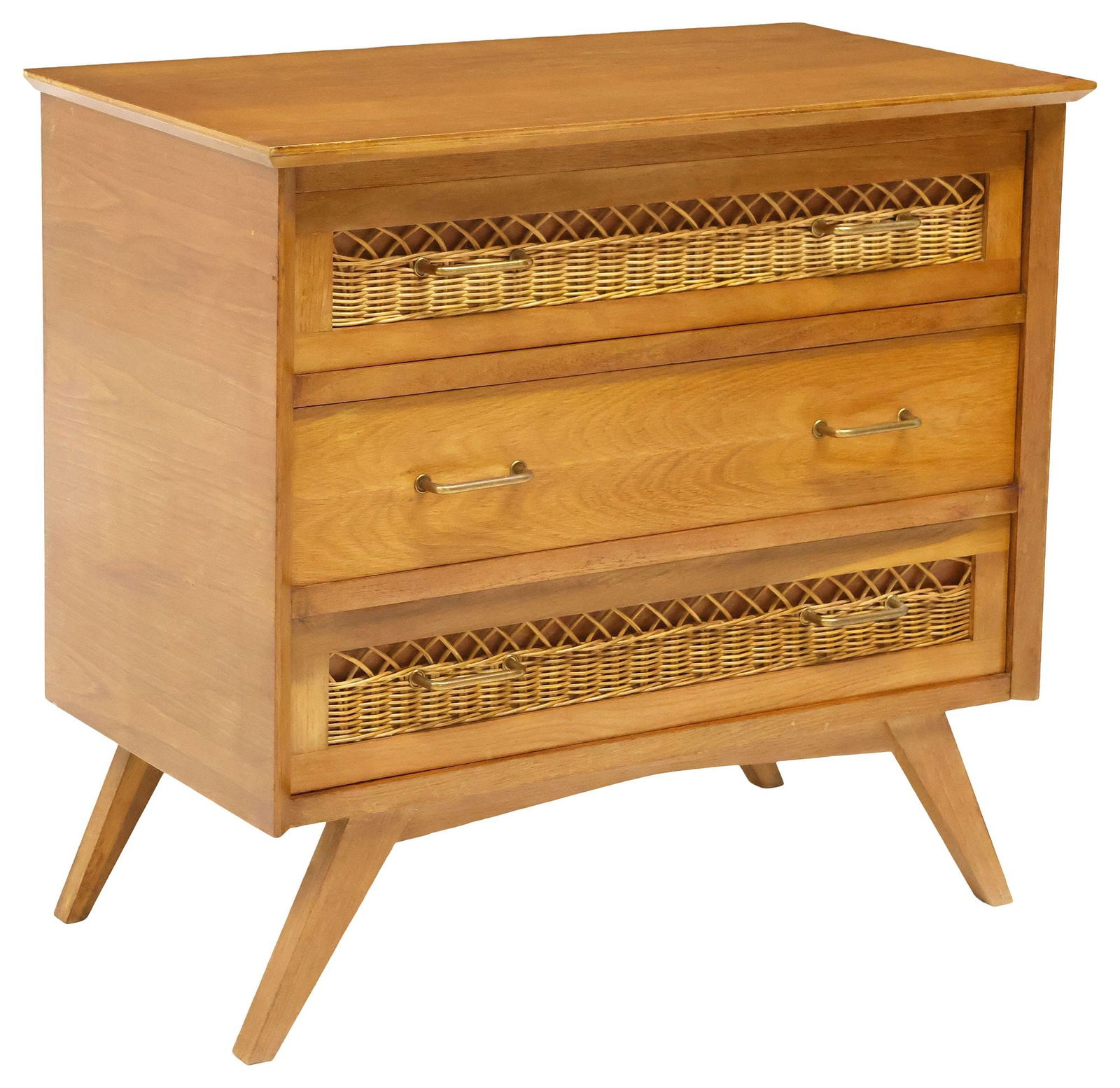 FRENCH MID-CENTURY MODERN OAK & RATTAN 3-DRAWER COMMODE (1 of 5)