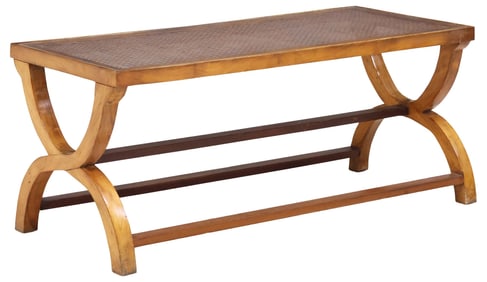 ITALIAN GLASS-TOP CANE & WALNUT COFFEE TABLE