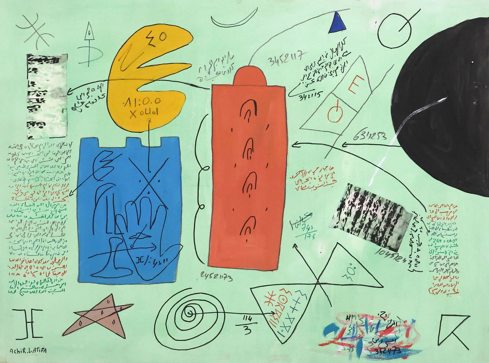 ACHIR LATIFA ABSTRACT MIXED MEDIA PAINTING, 35" X 47": Unframed mixed media painting with collage on canvas, Abstract Teal Composition, signed lower left Achir Latifa (Moroccan, 20th c.), approx 35"h, 47.25"w, 4.5lbs