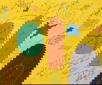 ACHIR LATIFA ABSTRACT MIXED MEDIA PAINTING, 39" X 47"