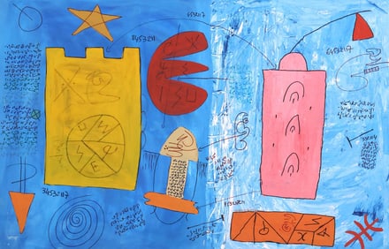 ACHIR LATIFA ABSTRACT MIXED MEDIA PAINTING, 30" X 46.5"