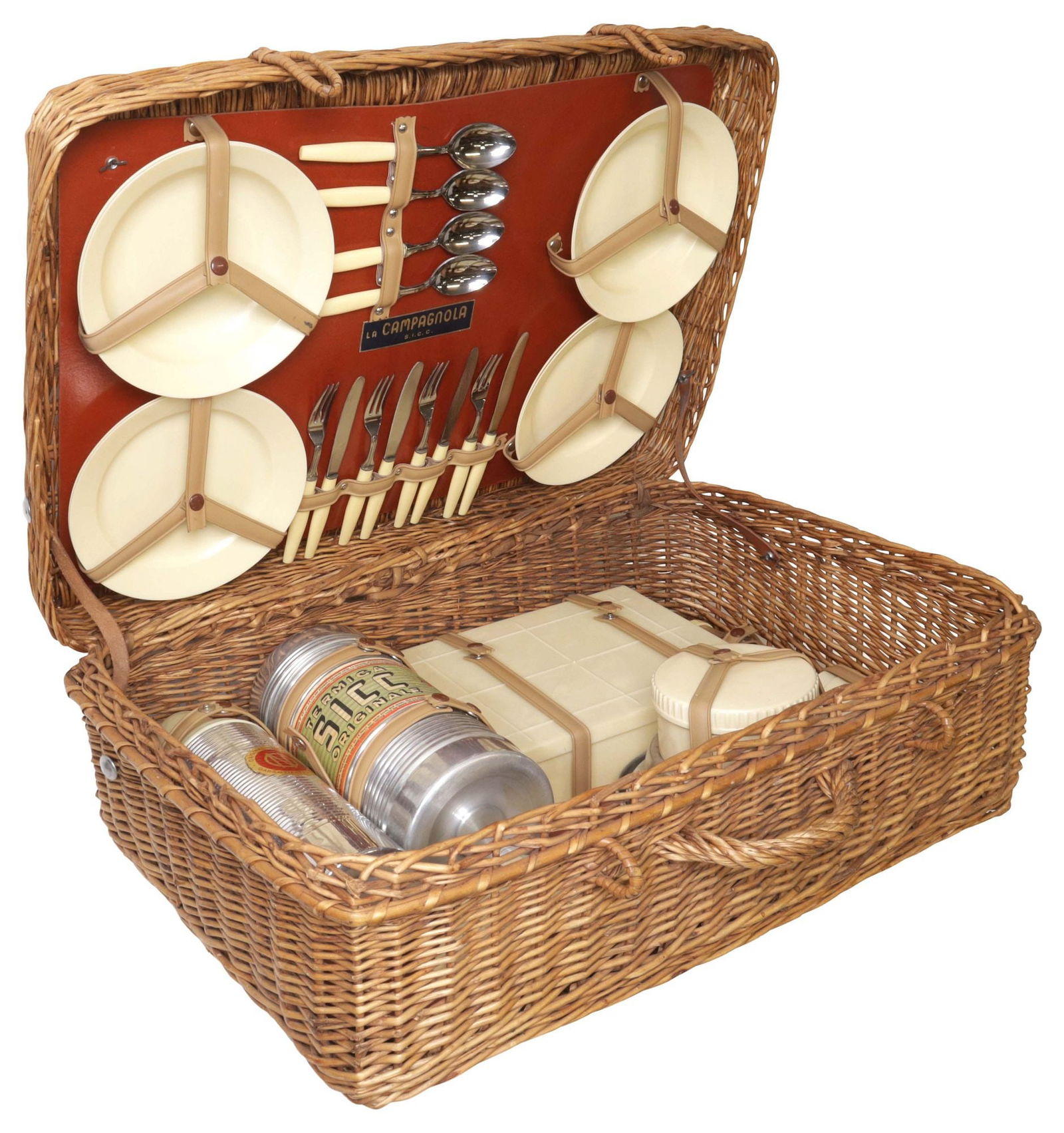 ITALIAN VINTAGE WICKER PICNIC BASKET & ACCESSORIES, A SET FOR 4 (1 of 6)