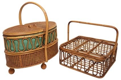 (2) ITALIAN WOVEN BAMBOO & RATTAN SEWING AND PICNIC BASKETS