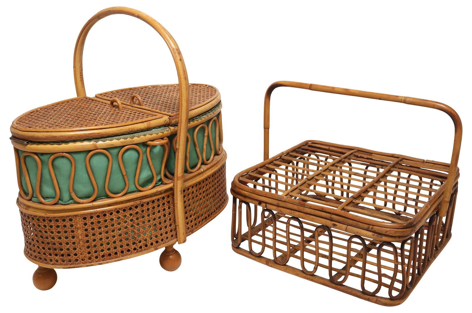 (2) ITALIAN WOVEN BAMBOO & RATTAN SEWING AND PICNIC BASKETS: Italian woven bamboo and rattan baskets, 20th c., including: (1) sewing basket, two top swivel compartments, revealing open storage, green fabric interior, ending on round feet, approx 22"h, 19.75"w,