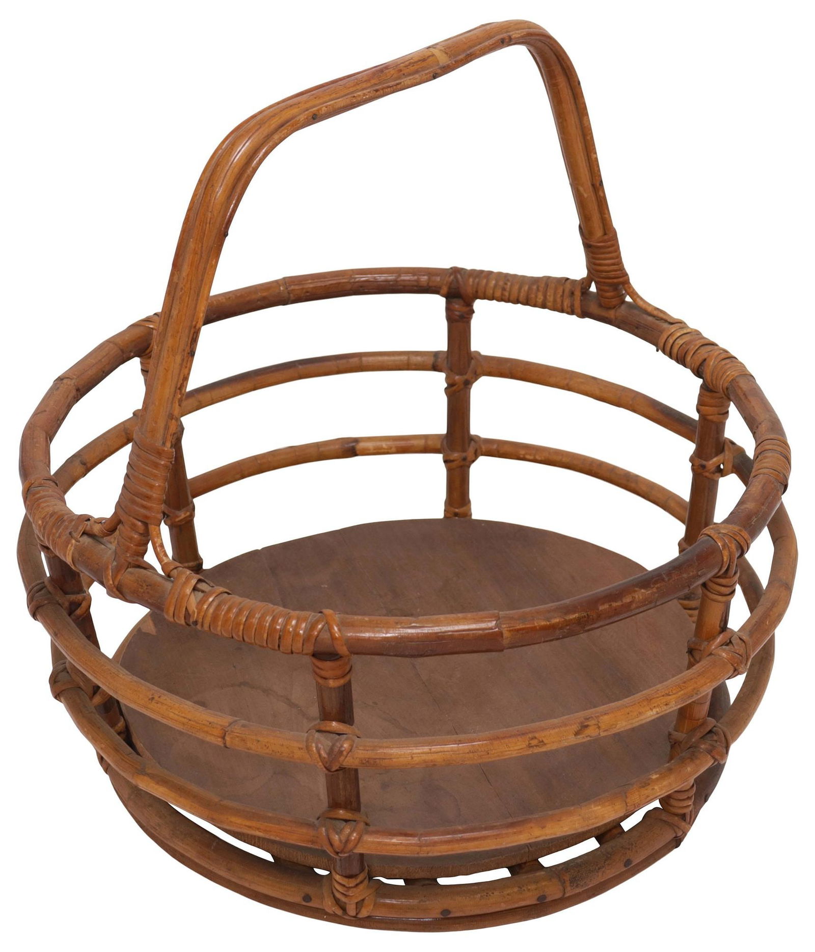 ITALIAN BAMBOO & RATTAN CIRCULAR HANDLED BASKET (1 of 5)