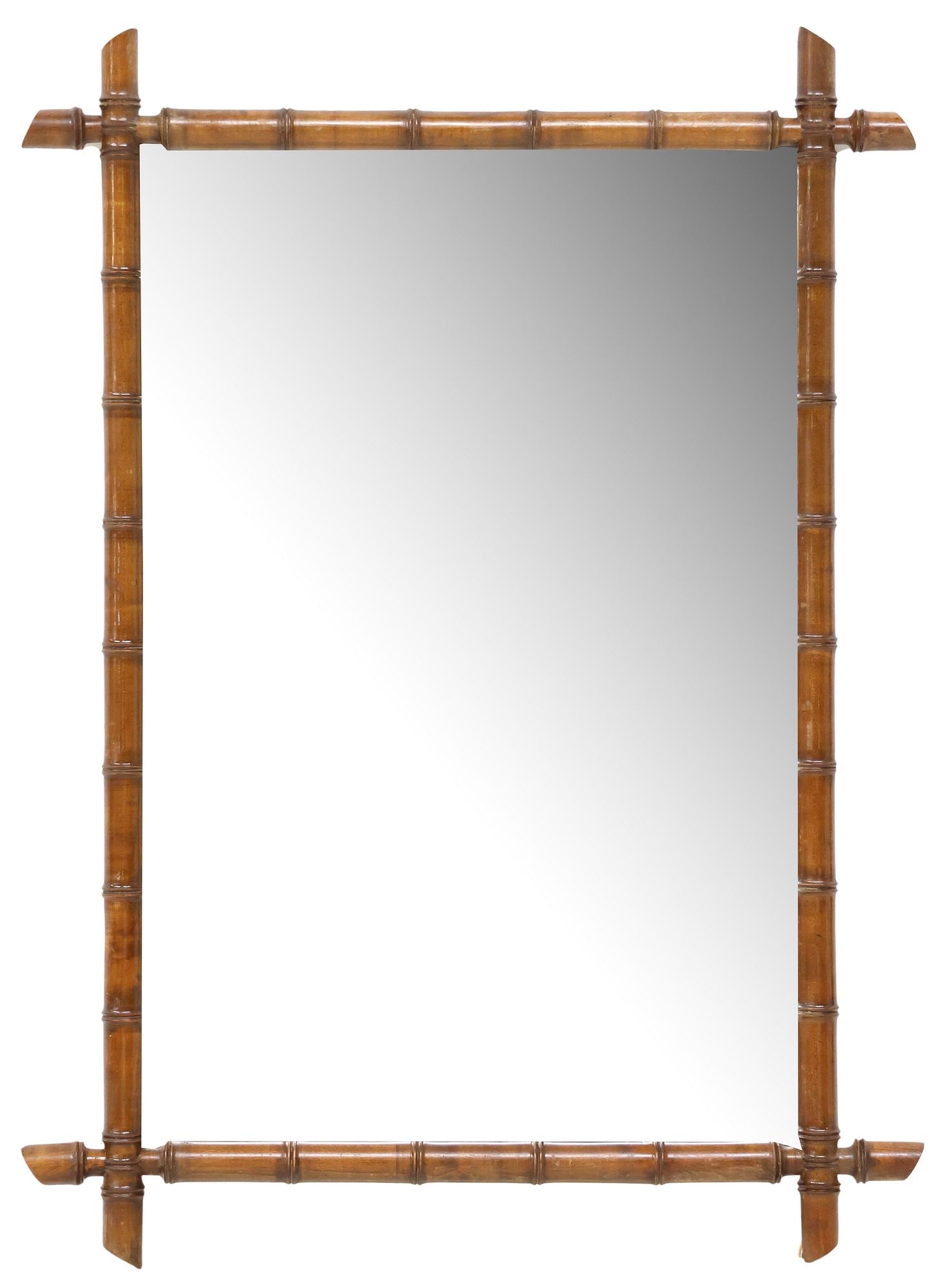 FRENCH FAUX BAMBOO TURNED WOOD WALL MIRROR, 43" X 31": French wall mirror, turned faux bamboo frame, early 20th c., encasing flat mirror plate, approx 43"h, 31"w, 23lbs