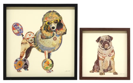 (2) ALEX ZENG MIXED MEDIA PAPER DOG COLLAGES, PUG & POODLE
