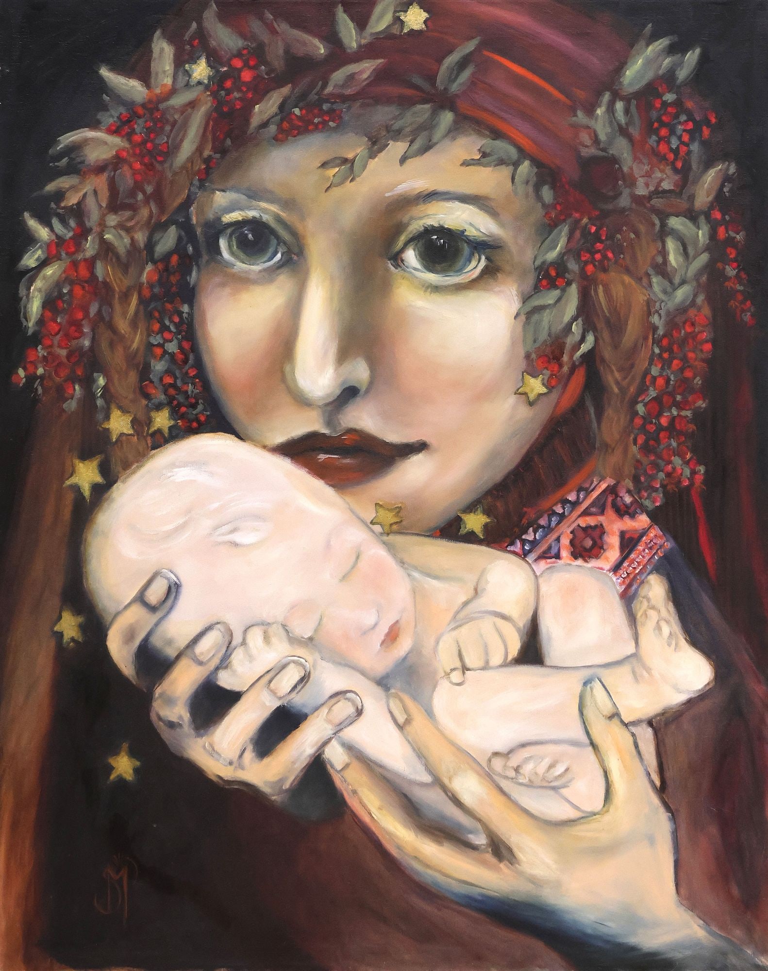 SIGNED MARY ACRYLIC PAINTING, PORTRAIT OF A MOTHER & CHILD (1 of 8)