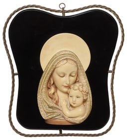 ITALIAN MADONNA & CHILD CERAMIC & BLACK GLASS WALL PLAQUE