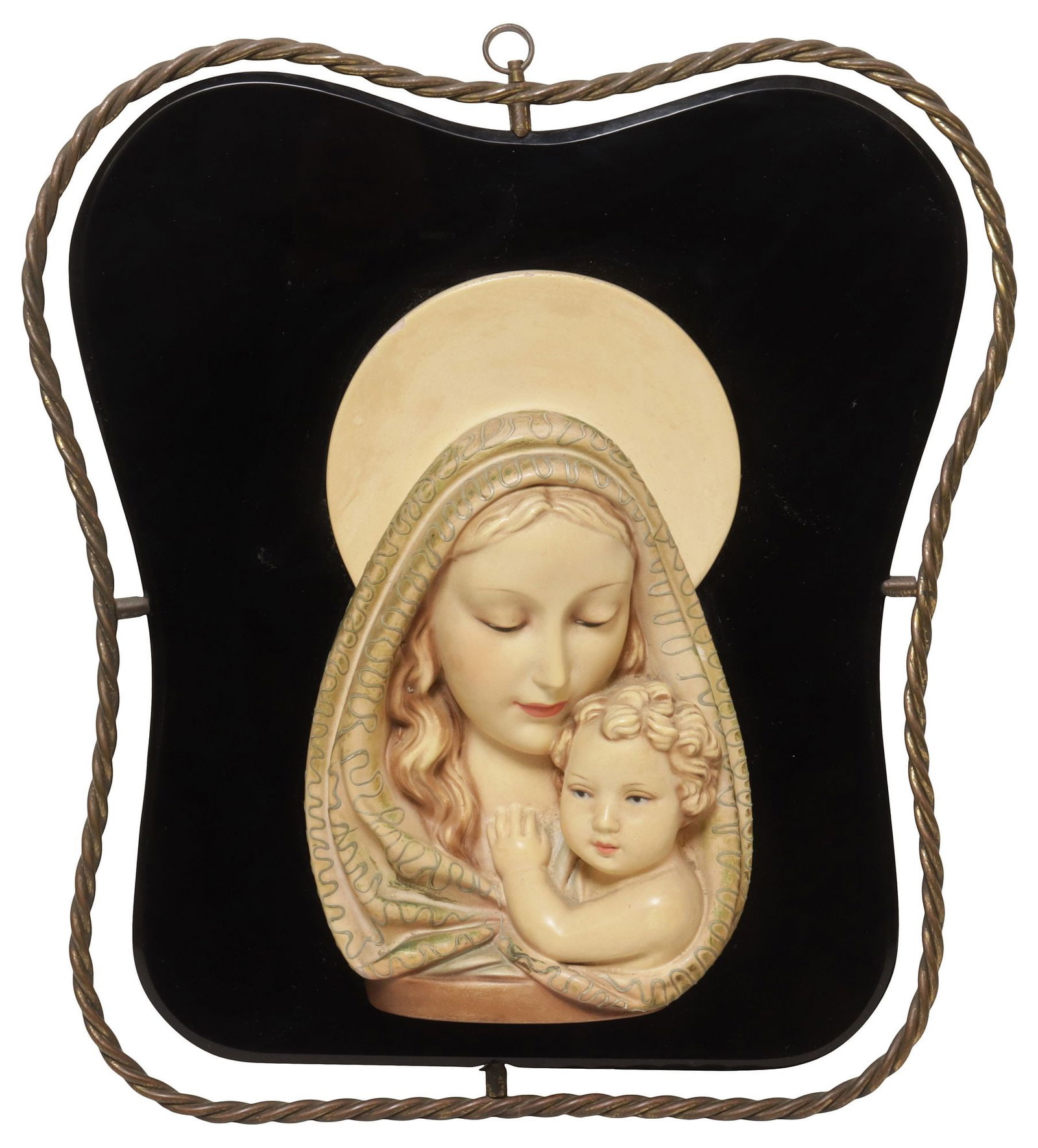 ITALIAN MADONNA & CHILD CERAMIC & BLACK GLASS WALL PLAQUE (1 of 2)