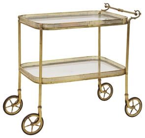 FRENCH GILT-METAL & GLASS 2-TIER SERVICE TROLLEY / BAR CART