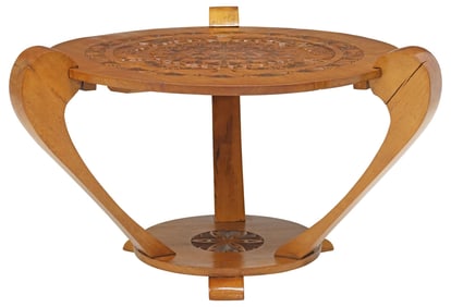 CONTINENTAL ART DECO PERIOD CARVED WALNUT COFFEE TABLE