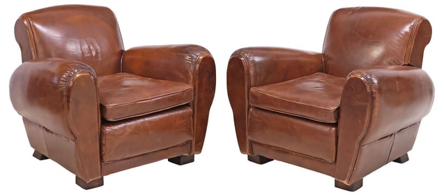 (2) FRENCH ART DECO STYLE BROWN LEATHER CLUB CHAIRS