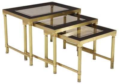 (3) FRENCH GILT-METAL & SMOKED GLASS NESTING TABLES