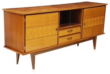 FRENCH MID-CENTURY MODERN PARCEL-EBONIZED PARQUETRY SIDEBOARD