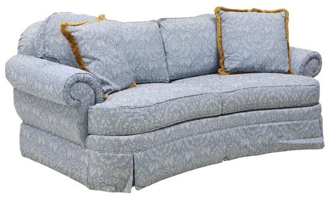 ETHAN ALLEN CURVED SOFA IN BLUE PATTERNED UPHOLSTERY