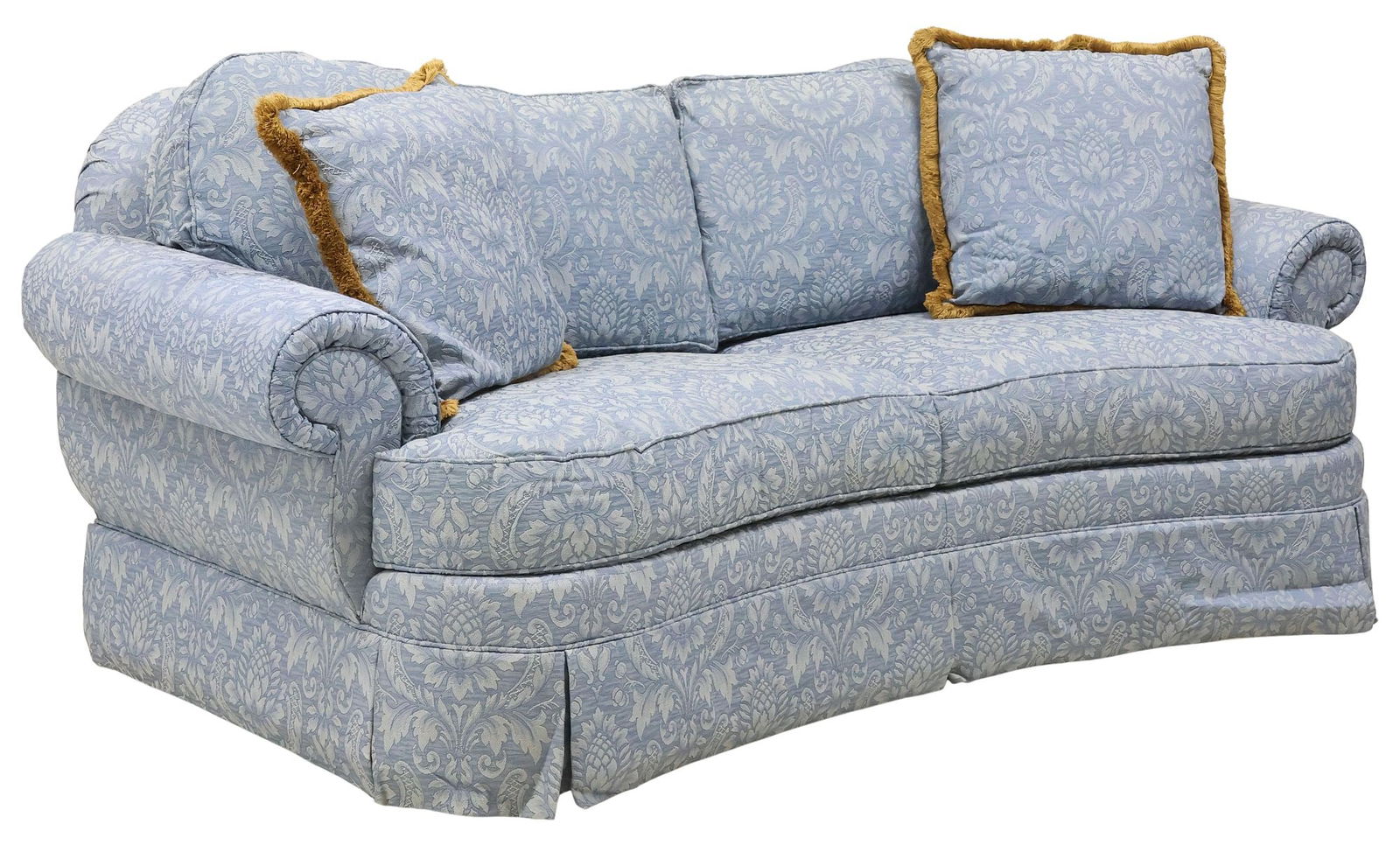ETHAN ALLEN CURVED SOFA IN BLUE PATTERNED UPHOLSTERY (1 of 5)