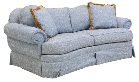 ETHAN ALLEN CURVED SOFA IN DENIM PATTERNED UPHOLSTERY