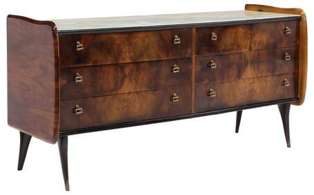 ITALIAN MID-CENTURY MODERN GLASS-TOP BURLWOOD COMMODE