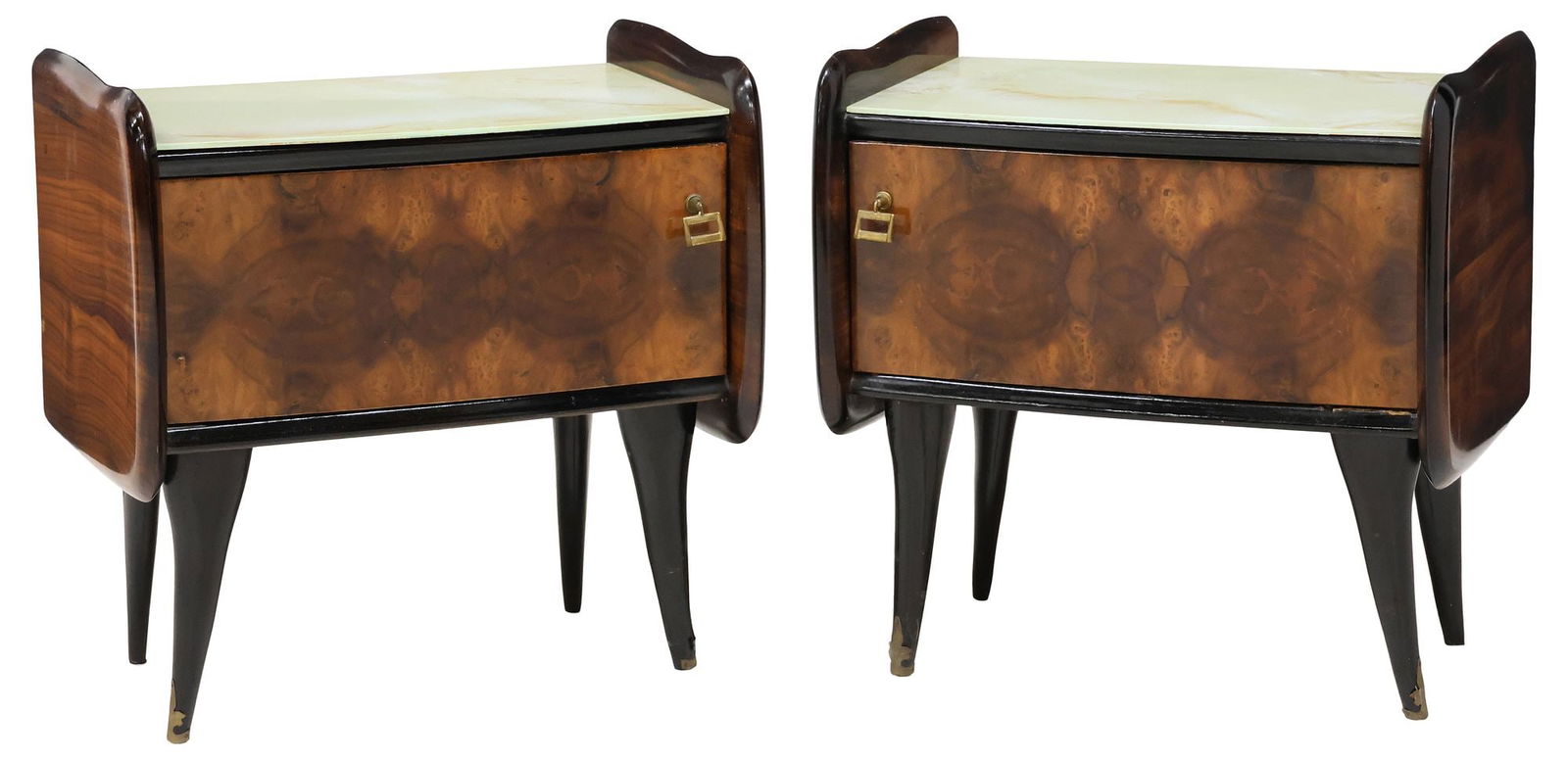 (2) ITALIAN MID-CENTURY MODERN GLASS-TOP BURL WALNUT NIGHTSTANDS (1 of 5)