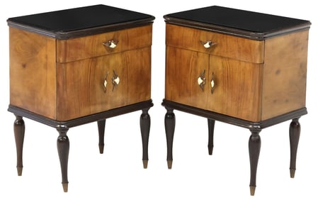 (2) ITALIAN MID-CENTURY MODERN GLASS-TOP WALNUT NIGHTSTANDS