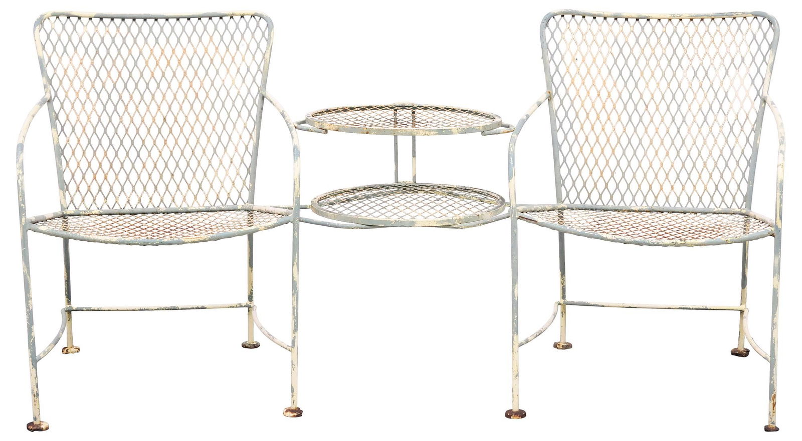 RUSSELL WOODARD (ATTRIB.) WROUGHT IRON PATIO TETE-A-TETE / GARDEN BENCH (1 of 4)