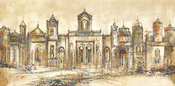 DAVID BROWNLOW (TEXAS, D.2008) CATHEDRAL PAINTING, 24" X 48"