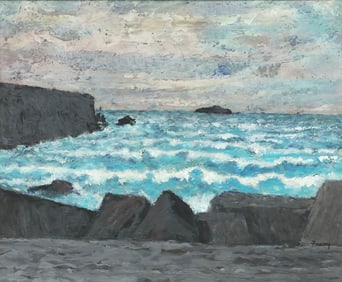 MICHAEL FRARY (1918-2005) PAINTING, 'SEA & ROCKS,' 20" X 24"