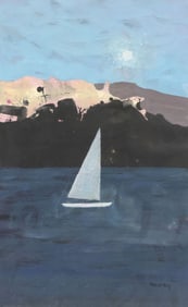 MICHARL FRARY (1918-2005) MIXED MEDIA PAINTING, SAILBOAT AT SEA
