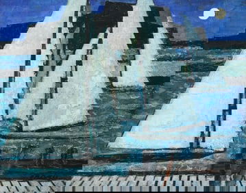 MICHAEL FRARY (1918-2005) PAINTING, SAILBOAT MOONLIGHT, 16" X 20"