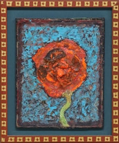 MICHAEL FRARY (1918-2005) MIXED MEDIA RELIEF PAINTING, RED FLOWER