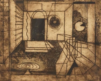 MICHAEL FRARY (1918-2005) LITHOGRAPH PRINT, ABSTRACT INTERIOR SPACE