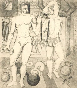 KELLY FEARING (TX, 1918-2011) ETCHING WITH CHINE-COLLE, 'THE LIFTERS'
