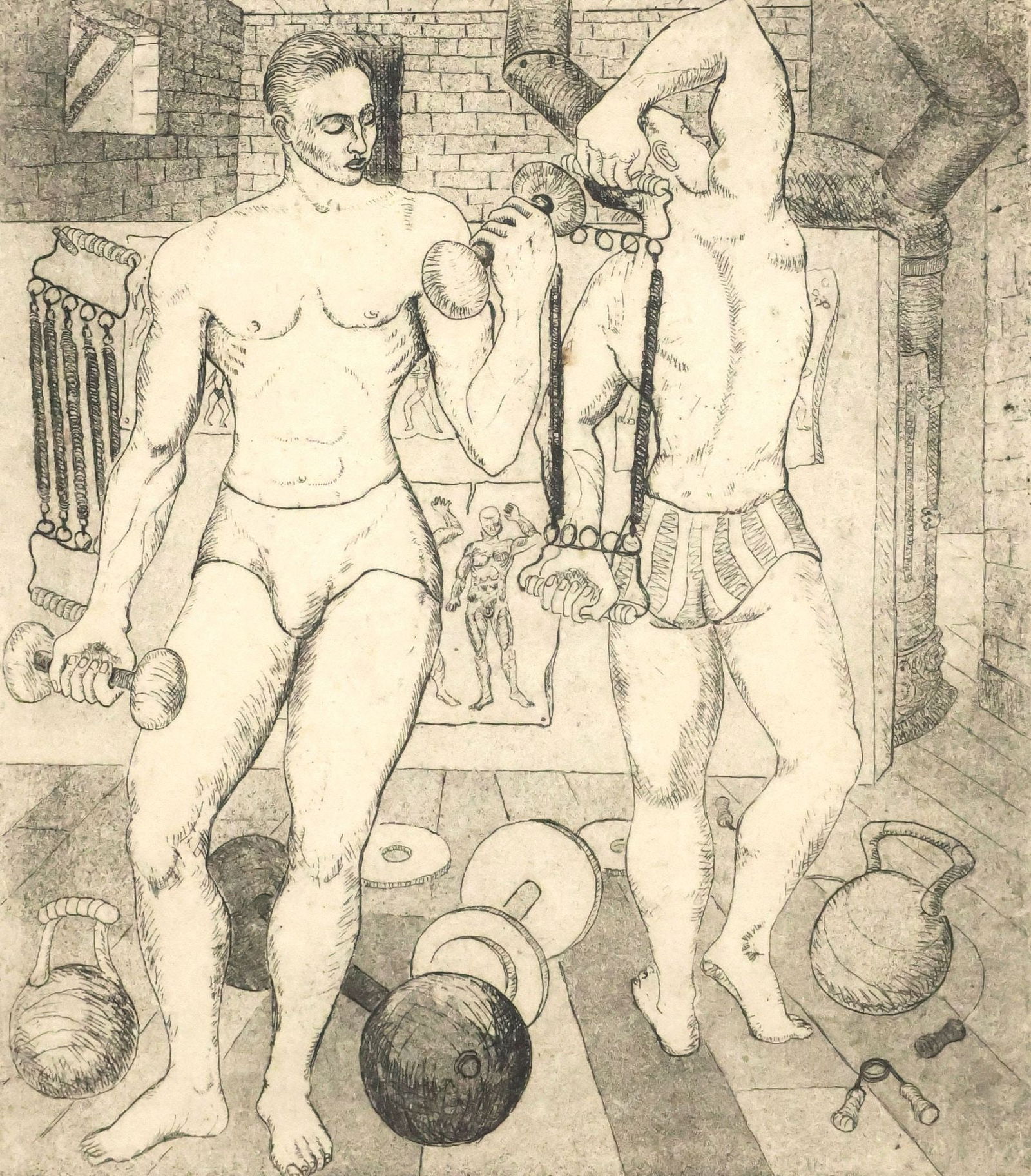 KELLY FEARING (TX, 1918-2011) ETCHING WITH CHINE-COLLE, 'THE LIFTERS' (1 of 4)