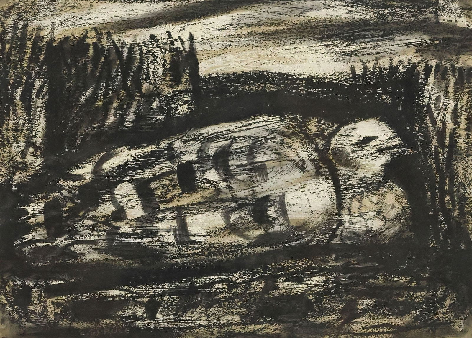 EVERETT SPRUCE (TX, 1908-2002) LITHOGRAPHIC CRAYON DRAWING, 'DOVE': Framed lithographic crayon drawing on paper, "Dove," signed lower left E. Spruce (Everett Franklin Spruce, Texas, Arkansas, 1908-2002), titled and dated 1945 on inscribed label verso, sight: approx 8"