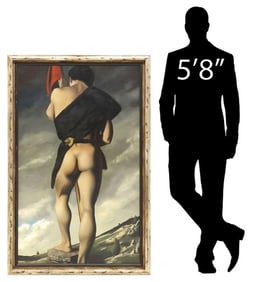 PEREGRINE HEATHCOTE (B.1973) PAINTING, MALE FIGURE WITH FLAG, 57" X 34"