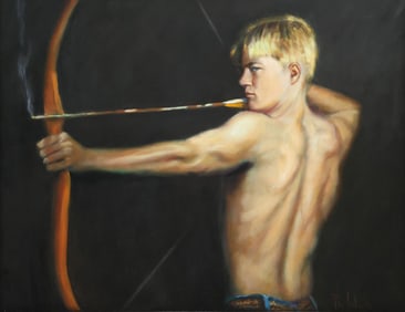 PHILLIP WADE (20TH C.) OIL PAINTING, 'THE YOUNG ARCHER,' 22" X 28"