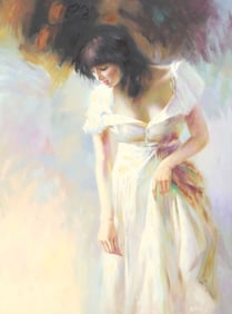 AFTER SVETLANA SAVIC (20TH C.) OIL PAINTING OF A DRESSED WOMAN, 48" X 36"