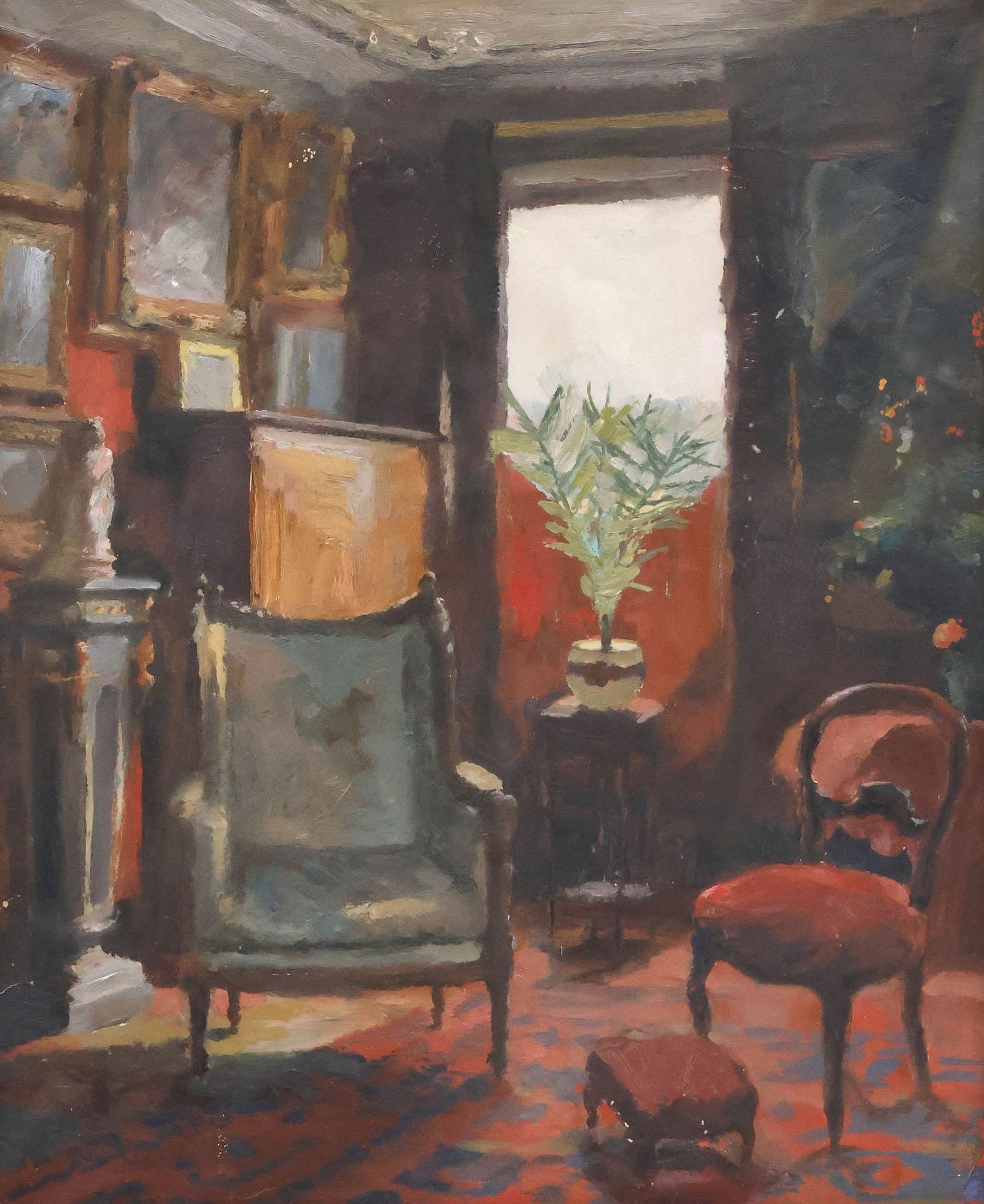 FRAMED OIL PAINTING, INTERIOR VIEW OF A VICTORIAN DRAWING ROOM: Framed oil on paper painting, View of a Victorian Interior with Bergere and Gallery Wall, apparently unsigned, small tears to sheet near upper right and lower corners, scattered light paint flaking, s