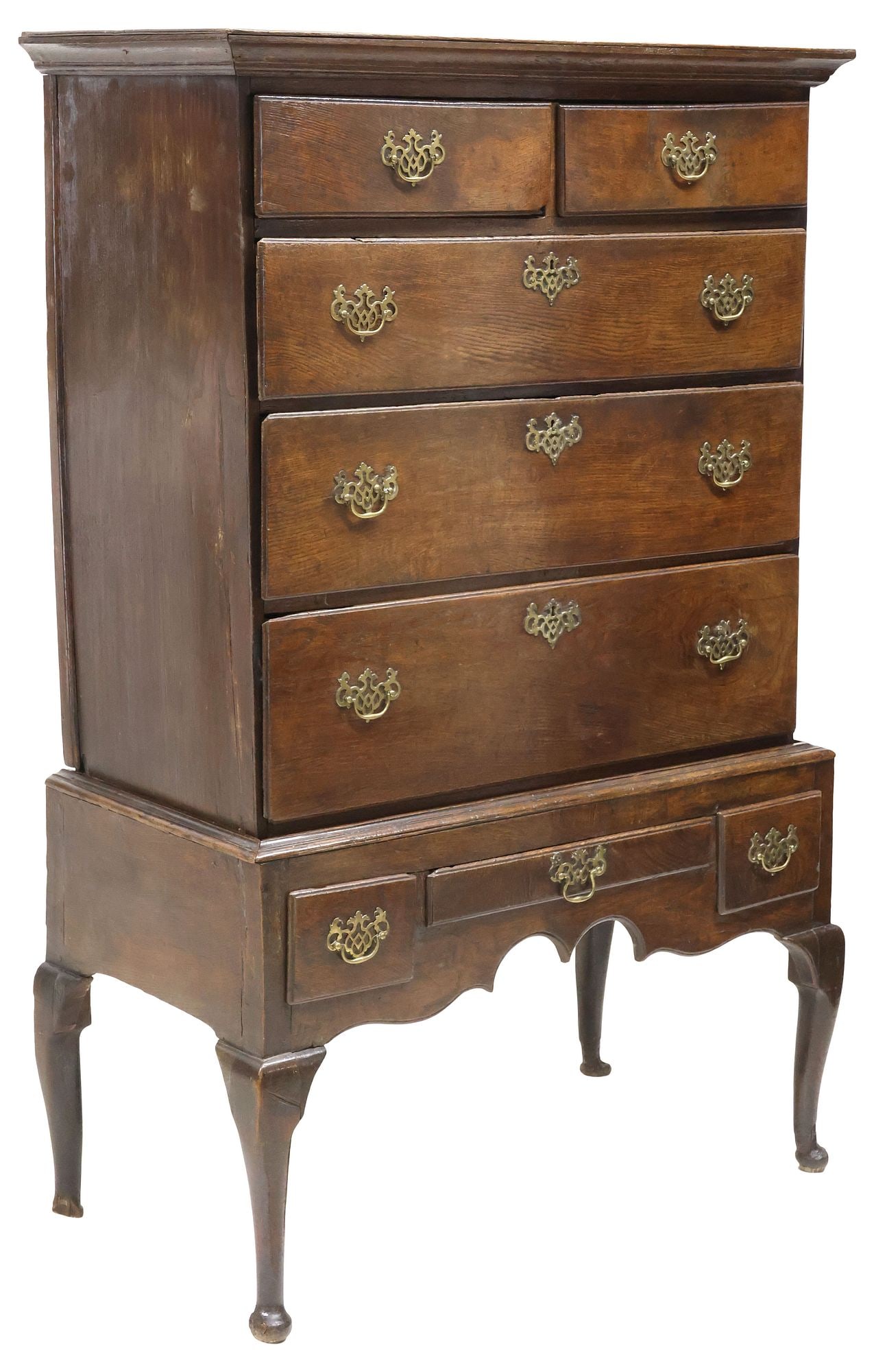 ENGLISH QUEEN ANNE OAK HIGHBOY / CHEST-ON-STAND: English Queen Anne oak highboy/ chest-on-stand, 18th c., having stepped cornice, above five drawers, lower case fitted with three additional drawers, rising on cabriole legs, ending on pad feet, loss