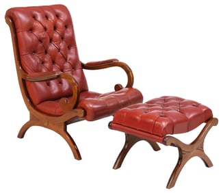 (2) ENGLISH BUTTON-TUFTED RED LEATHER CAMPECHE ARMCHAIR & OTTOMAN