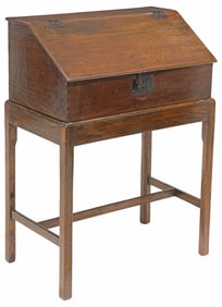 ENGLISH GEORGIAN PERIOD OAK SLANT-FRONT BOX ON STAND