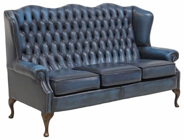 QUEEN ANNE STYLE BLUE BUTTONED LEATHER CHESTERFIELD HIGHBACK SOFA