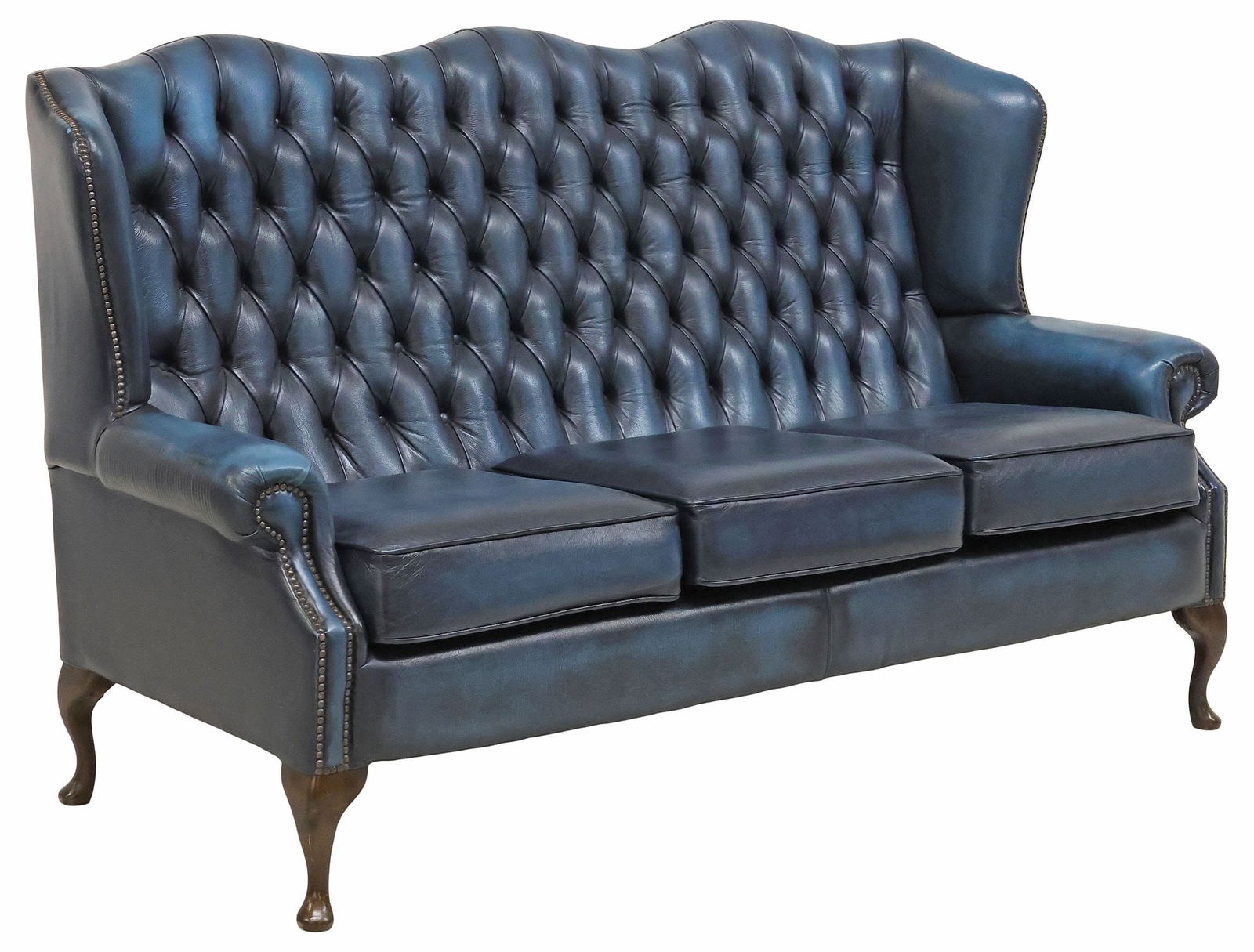 QUEEN ANNE STYLE  BLUE BUTTONED LEATHER CHESTERFIELD HIGHBACK SOFA (1 of 3)