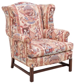 ENGLISH CHIPPENDALE STYLE CHINOISERIE UPHOLSTERED WINGBACK ARMCHAIR