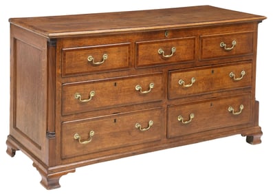ENGLISH GEORGIAN PERIOD BANDED OAK HINGED-TOP MULE CHEST