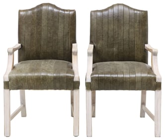 (2) CONTINENTAL OLIVE GREEN LEATHER UPHOLSTERED & PAINTED ARMCHAIRS