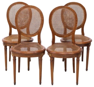 (4) FRENCH LOUIS XVI STYLE CANE & BURL WALNUT DINING CHAIRS