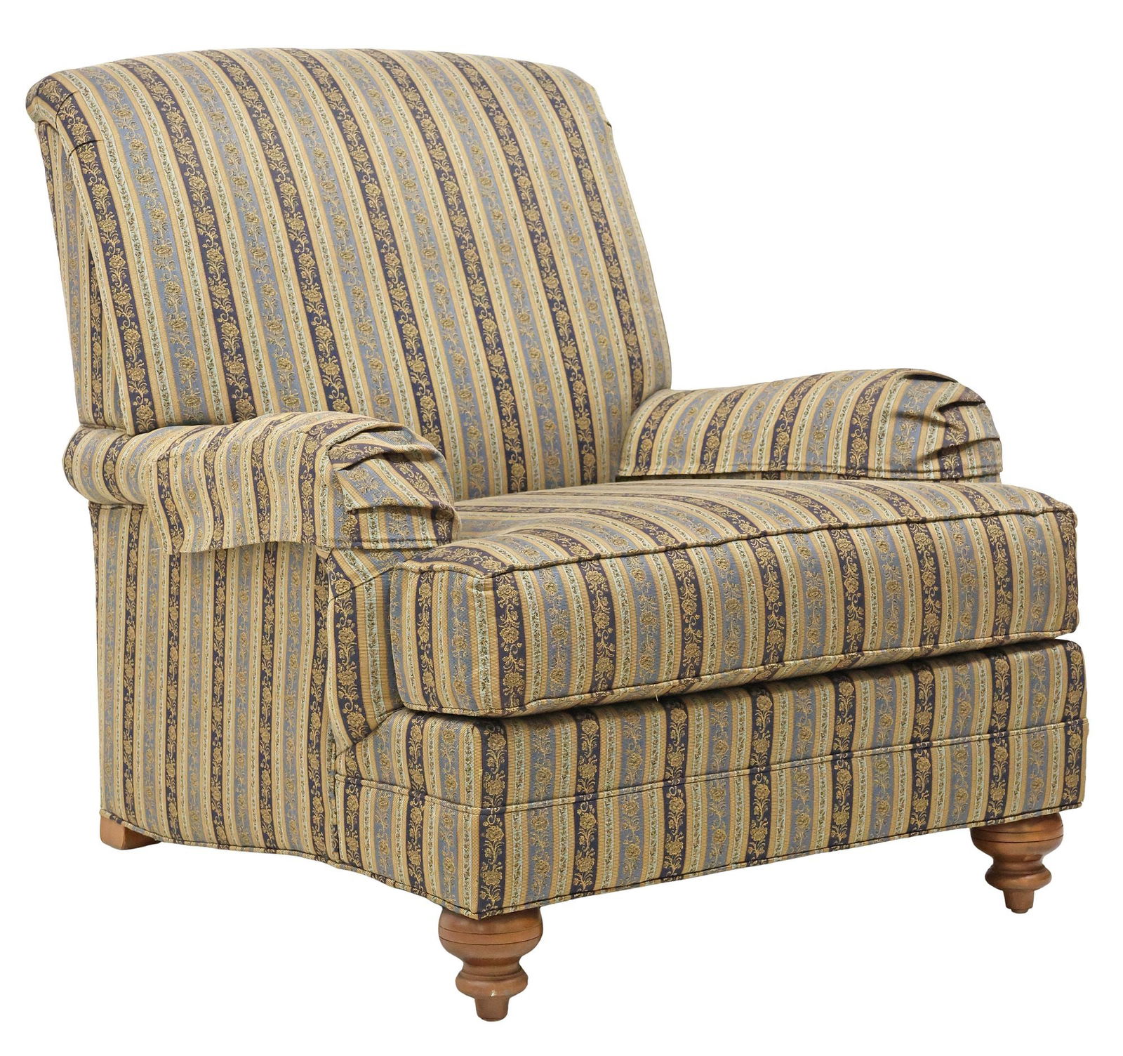 ETHAN ALLEN 'OXFORD' UPHOLSTERED ENGLISH-STYLE ARMCHAIR: Contemporary "Oxford" upholstered lounge chair, Ethan Allen, 21st c., in striped fabric upholstery, with removable seat cushion, rising on turned front legs, retaining maker's tag under seat, approx 3