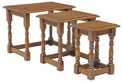 (3) ENGLISH INLAID OAK NESTING TABLES